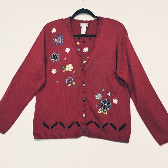 Napa Valley Small Cardigan Sweater Grandma Embroidered Floral Red Vintage - Picture 1 of 8